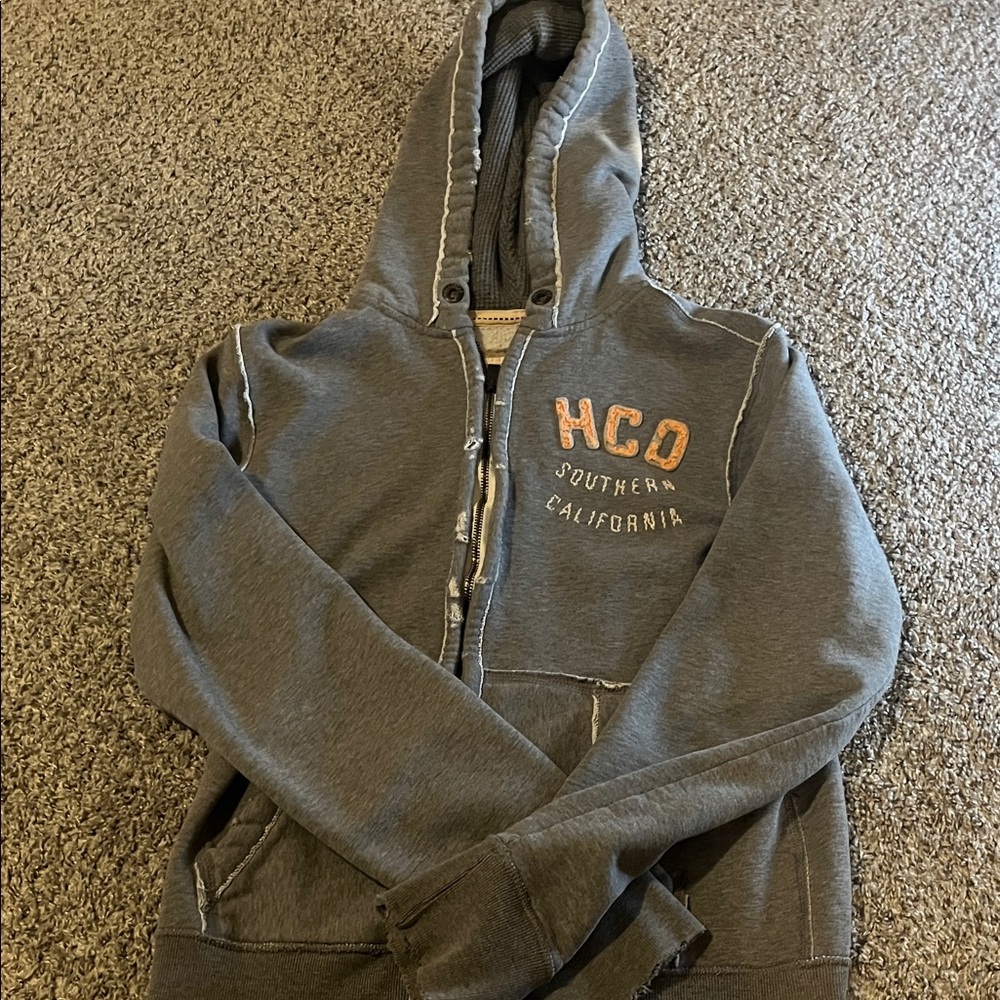 Hollister Gray and Orange Distressed Zip-Up